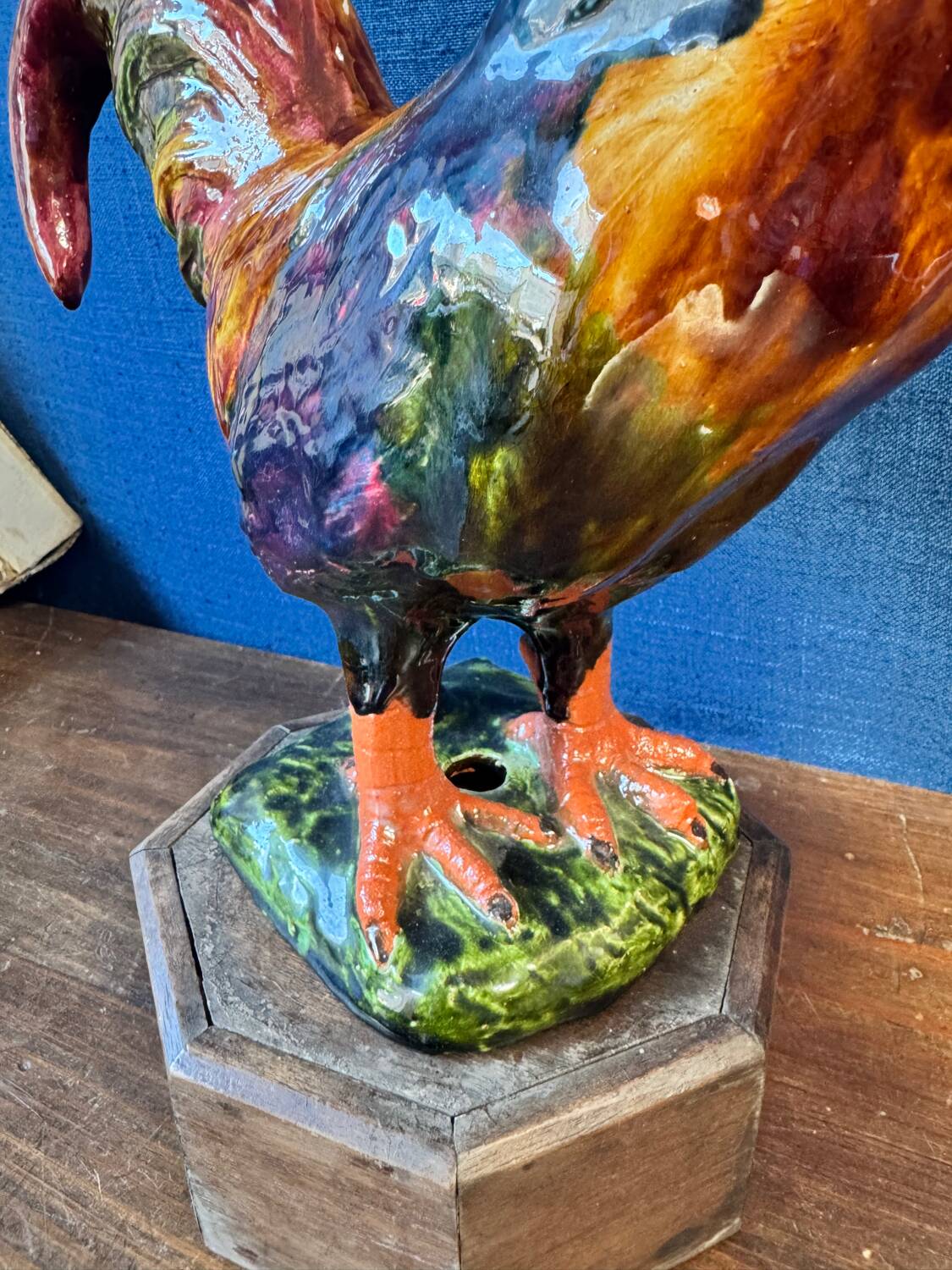 Ceramic sculpture of a rooster from Bavent, glazed terracotta, 1960.
