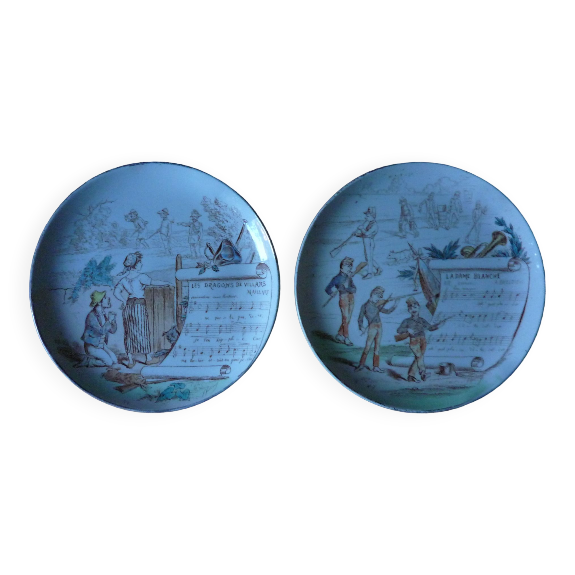 Pair of old plates Terre de Fer / Creil and Montereau, musical subjects