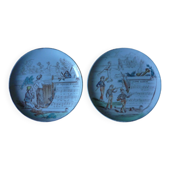 Pair of old plates Terre de Fer / Creil and Montereau, musical subjects