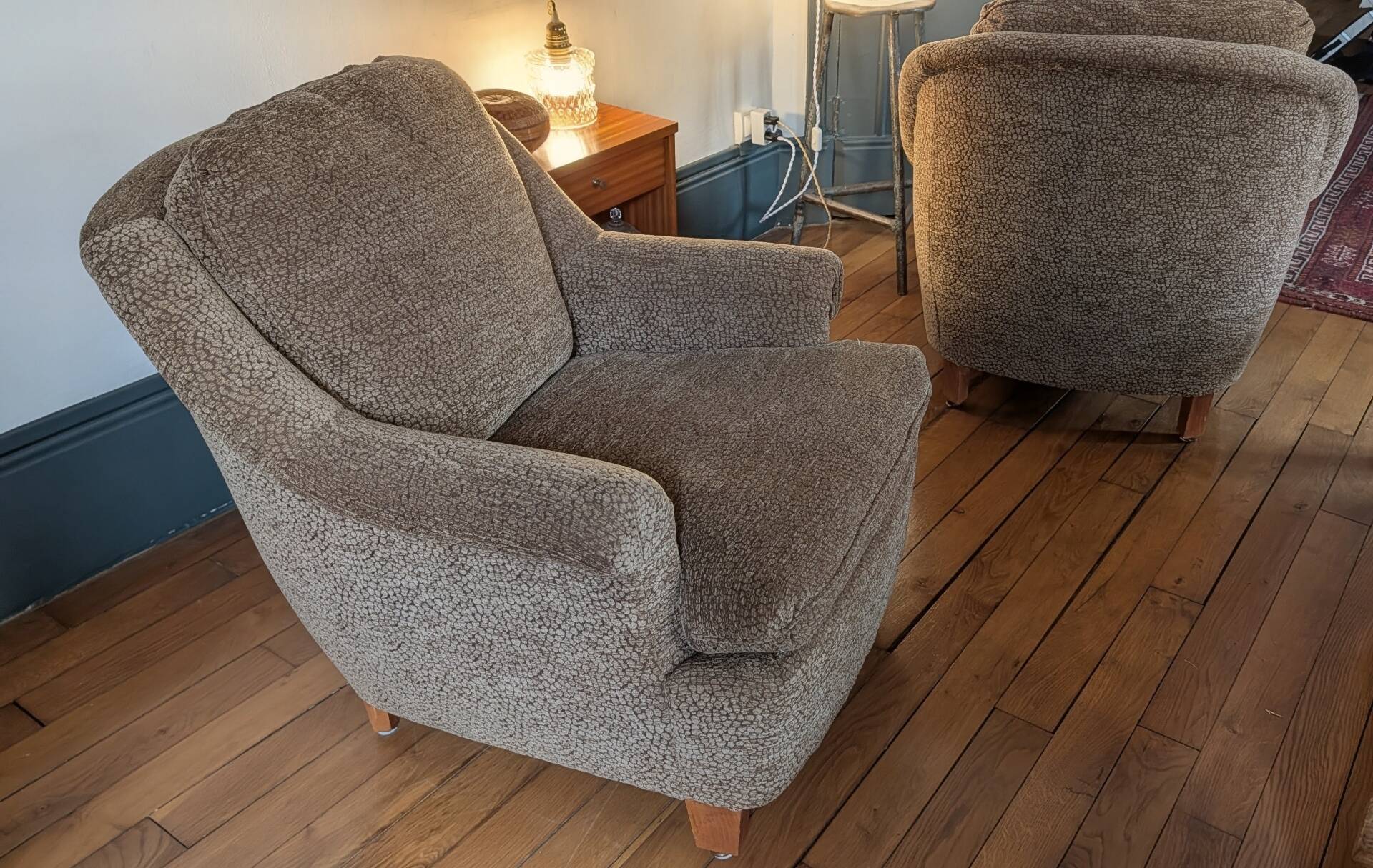 Pair of brown chenille velvet lounge chairs