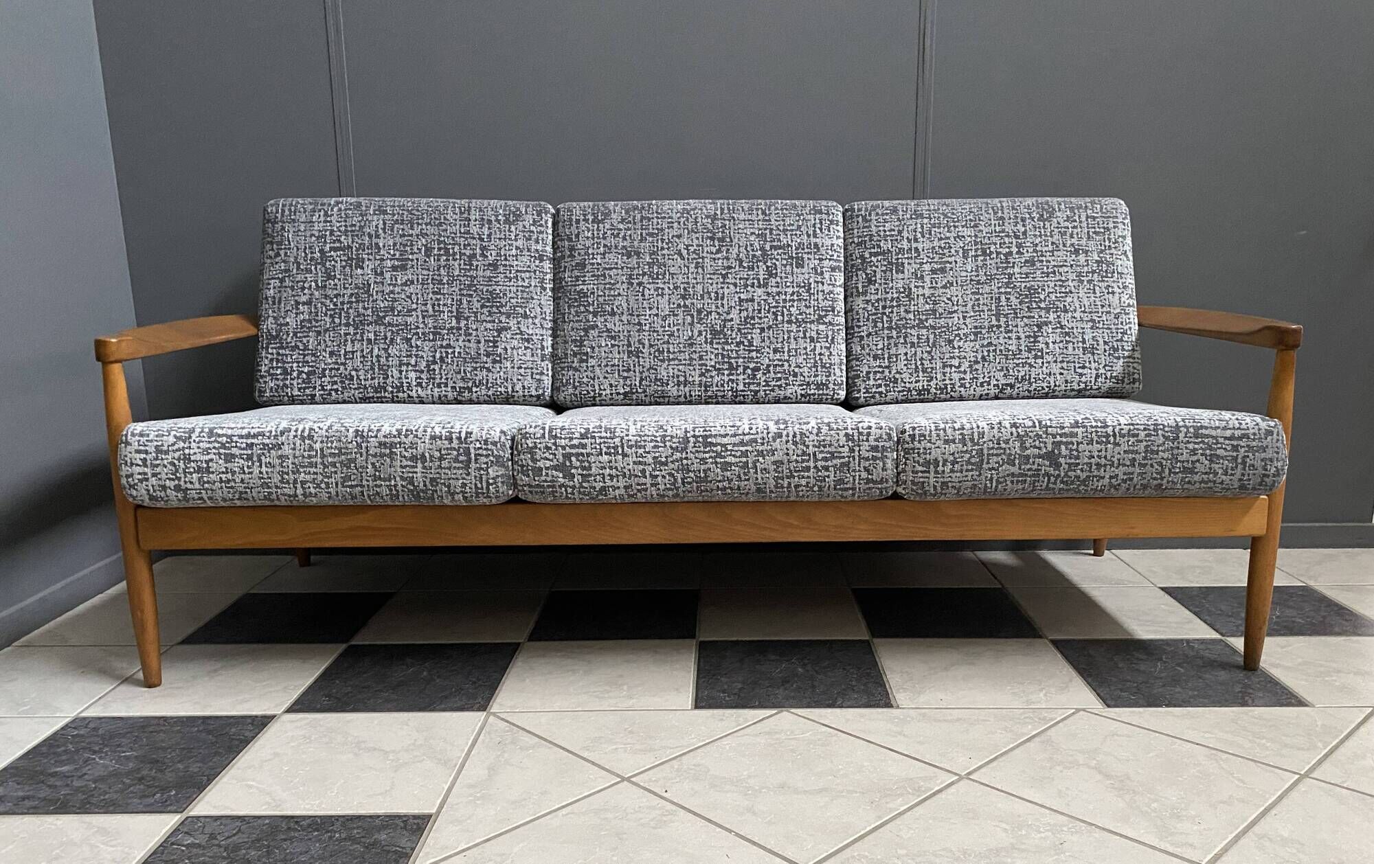 Grey fabric and wood 3 seat sofa 1960s