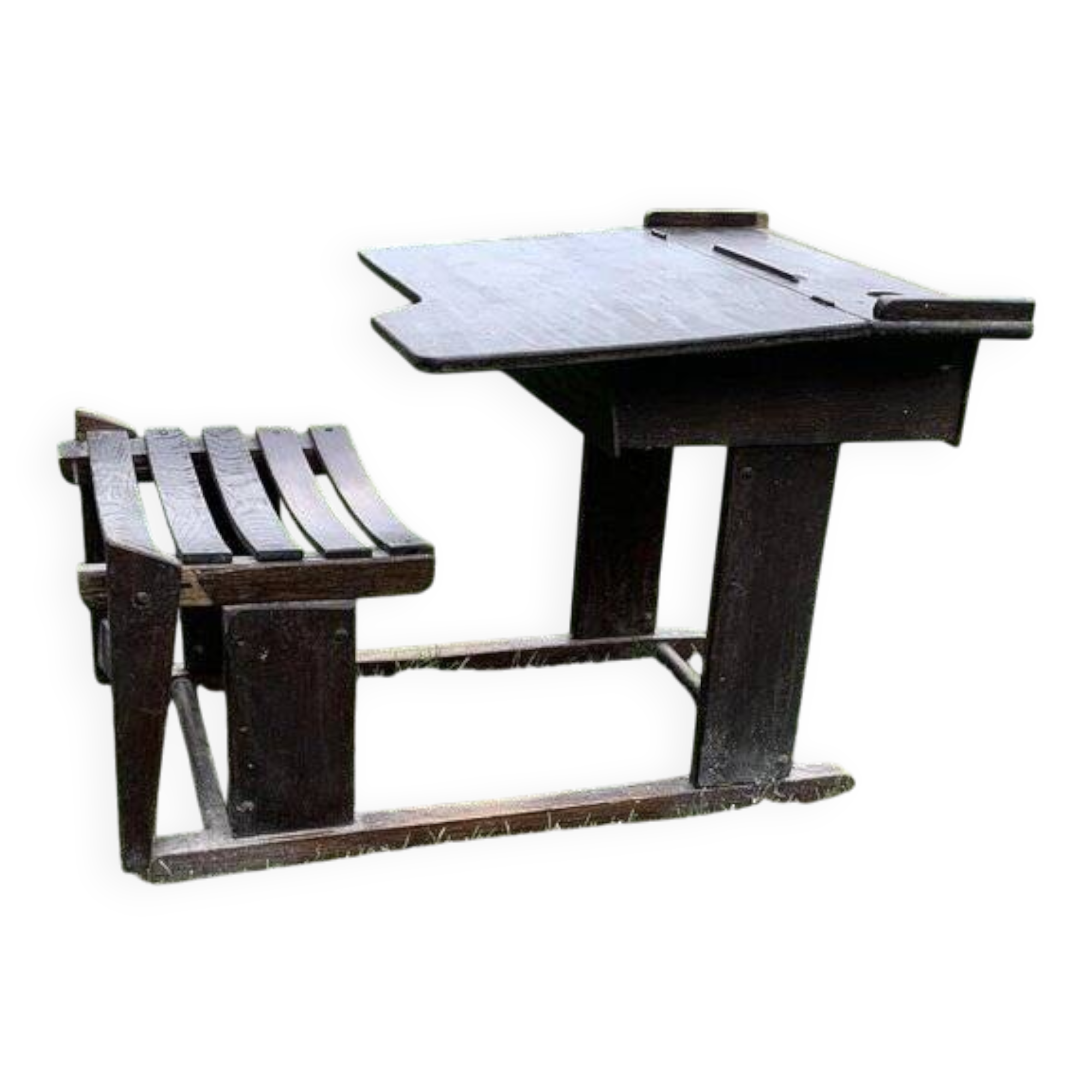 Brown painted wooden school desk for children, vintage 1920s set, slatted seat and storage.