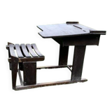 Brown painted wooden school desk for children, vintage 1920s set, slatted seat and storage.