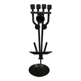 Vintage wall candle holder in wrought iron and hard pressed blue glass.