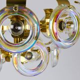Large brass chandelier by Oscar Torlasco, rainbow optical glass rings, Italy, 1970s.