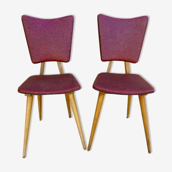 Paire de chaises en bois et skaï rouge années 50