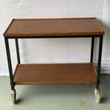 Vintage wooden and metal serving trolley on wheels with double tray