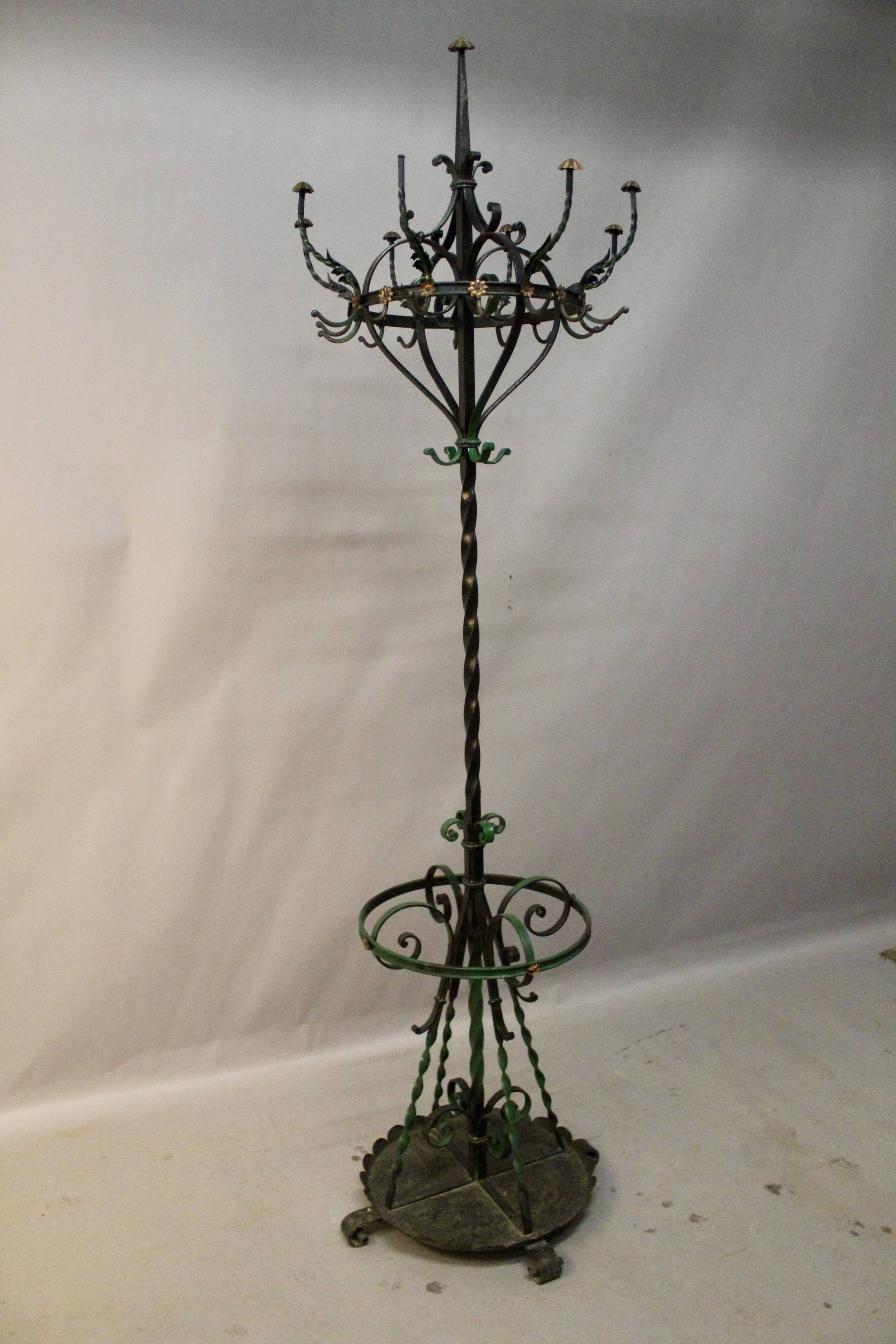Polychrome Wrought Iron Coat Rack and Umbrella Stand