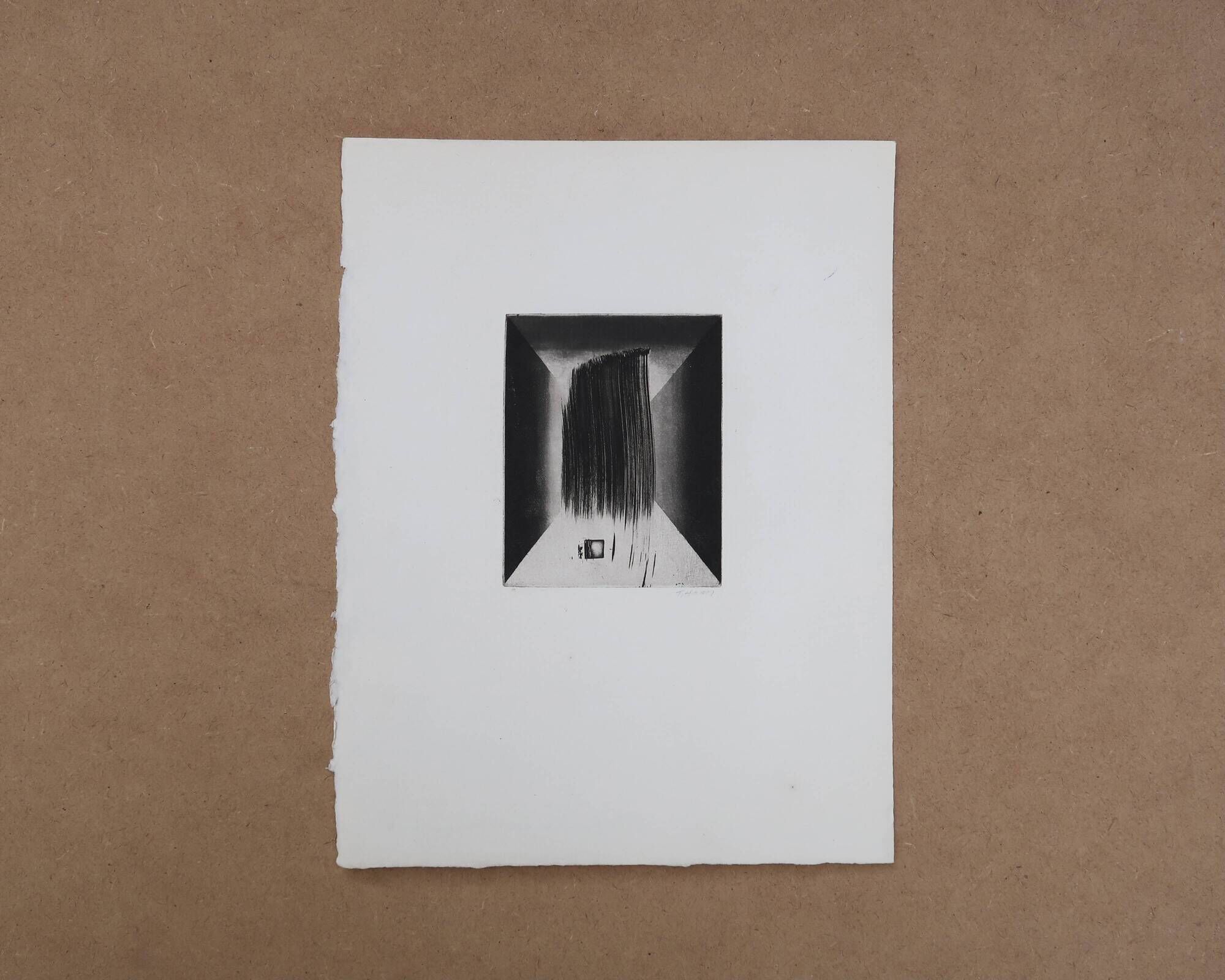 Minimalist abstract engraving in black and white by Terry Haass, 1960s.