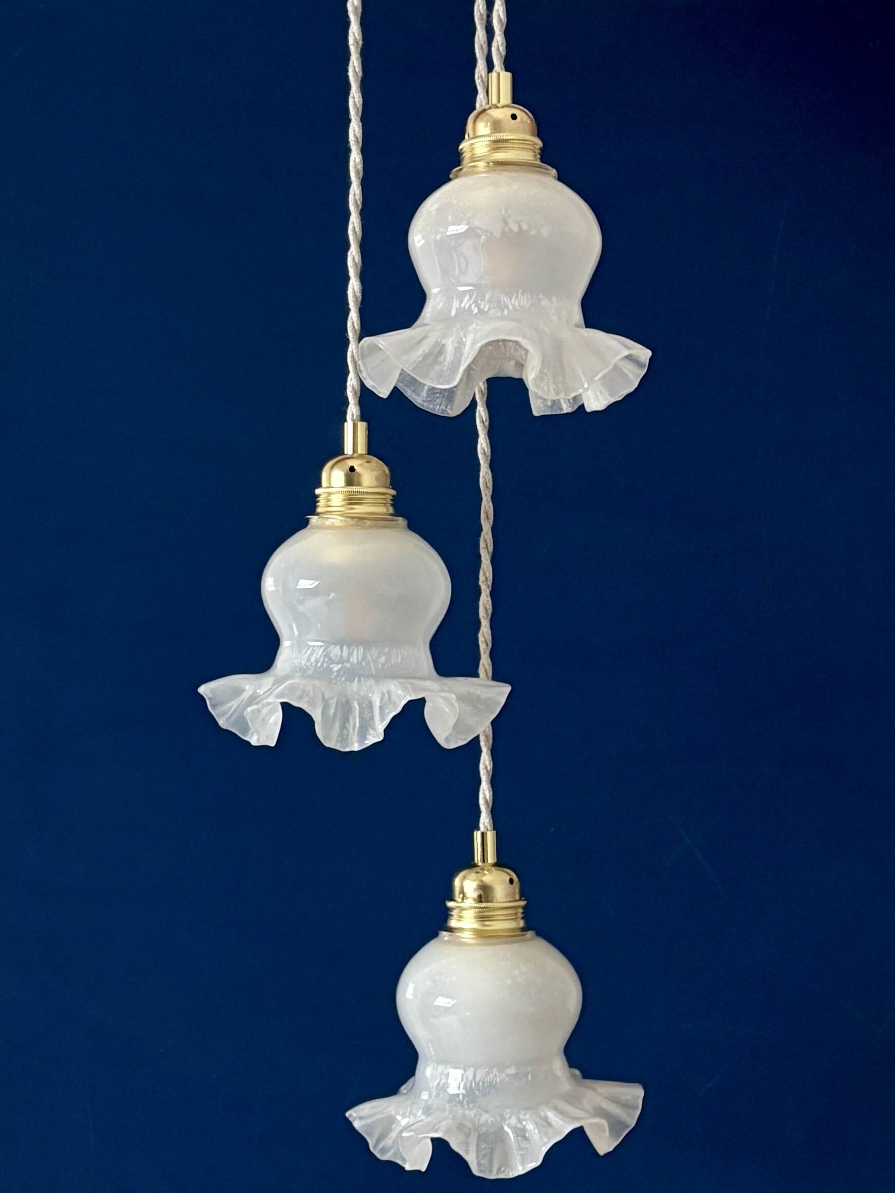 Vintage triple tulip pendant light in white glass