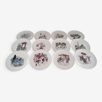 Set of 12 Y Riner earthenware dessert plates Sulivan scenes of Asian life