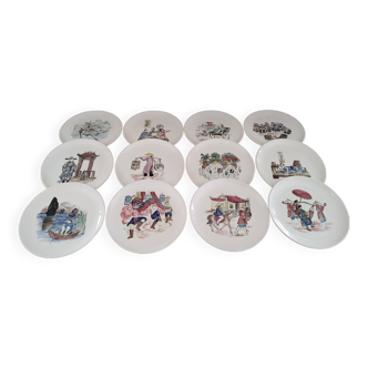 Set of 12 Y Riner earthenware dessert plates Sulivan scenes of Asian life