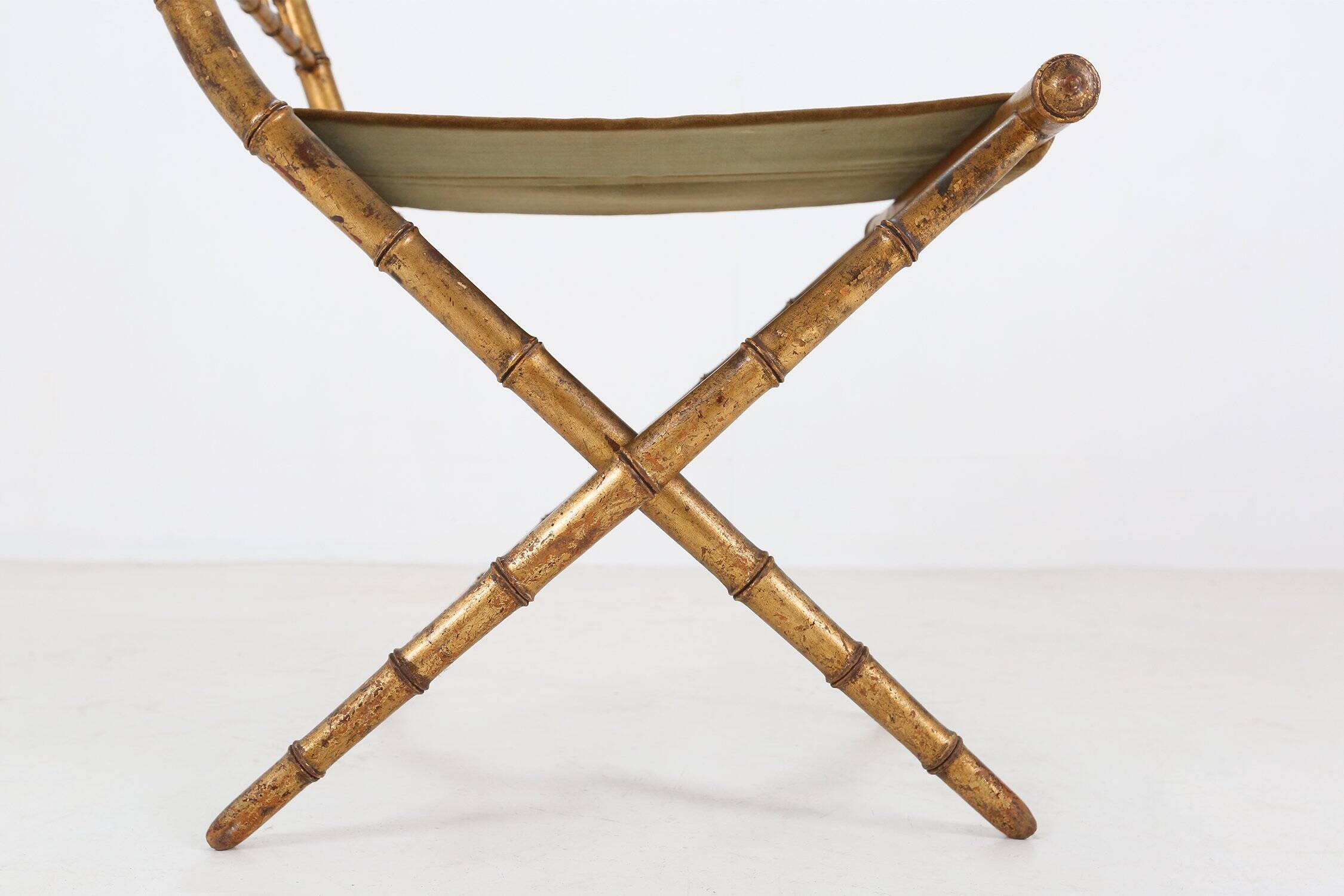 Chaise pliante en faux bambou en bois doré et tissu vert, France vers