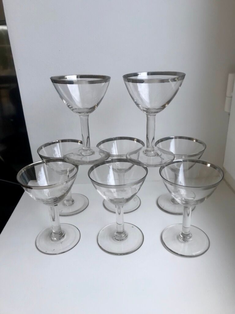 Set of 8 wine glasses with silver edging 50s