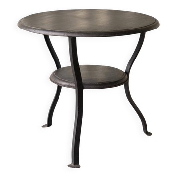 Wabi Sabi side table made of forged metal and stained wood from the 1920s.