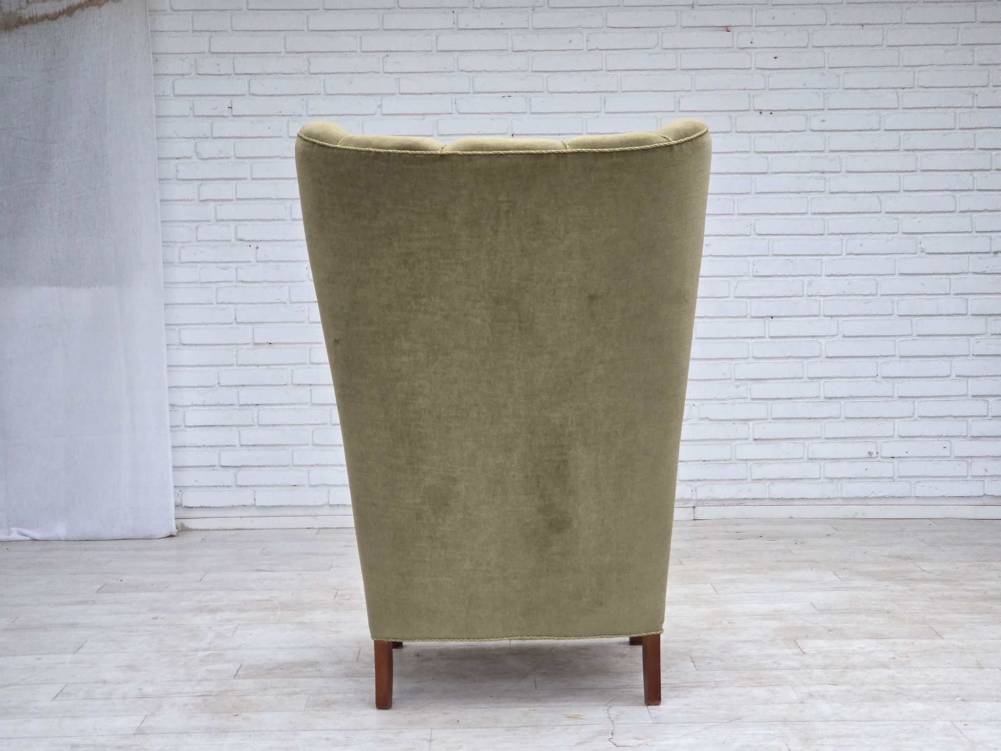 1960s, Danish highback armchair, furniture velour, oak wood.