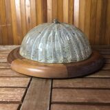 Ancien plafonnier verre bullé doré + contour bois vintage #a390
