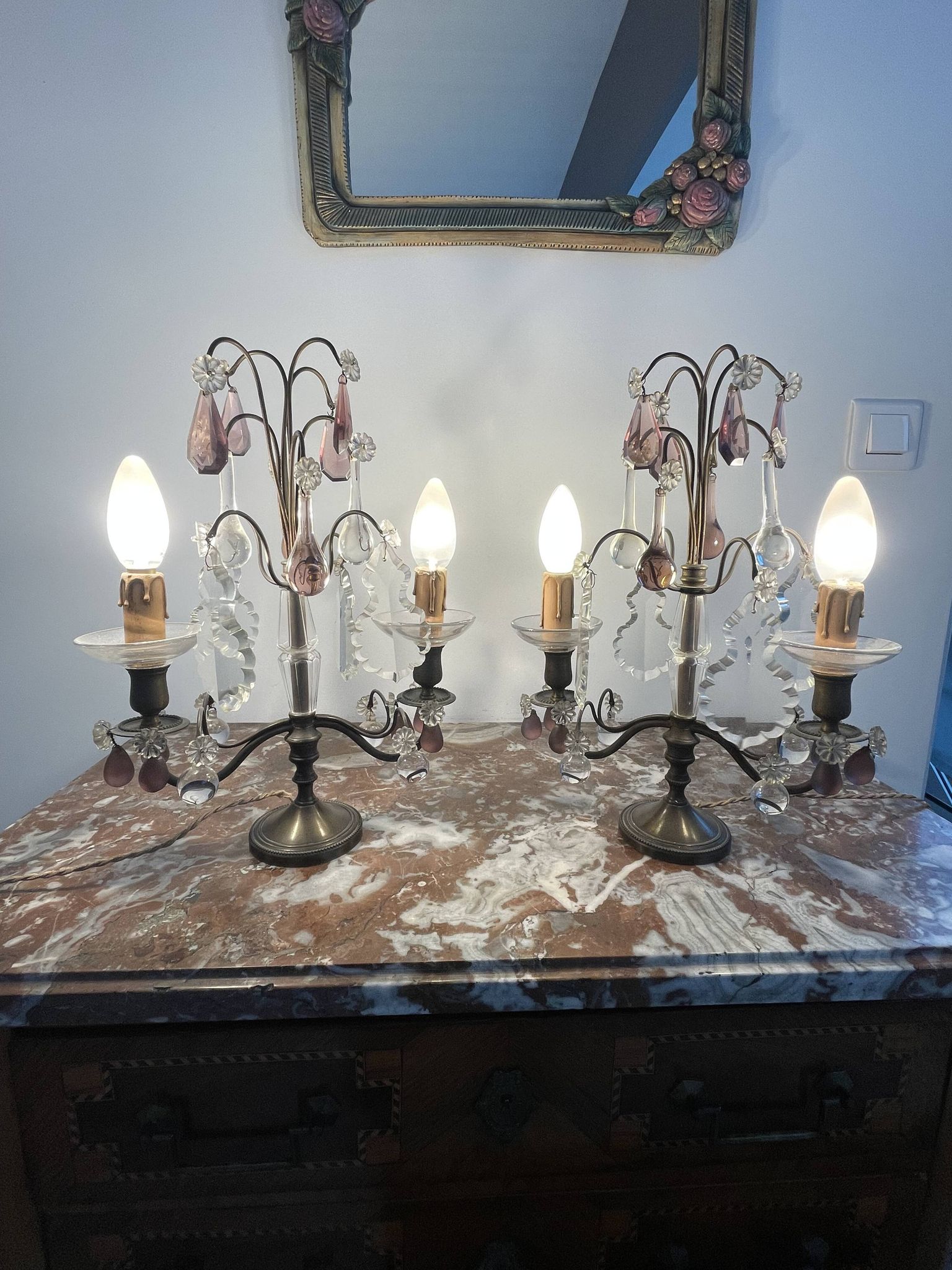 pair of chandeliers, lamp, silver-plated metal, crystal, tassels, florets, pendant, rosettes
