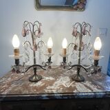 pair of chandeliers, lamp, silver-plated metal, crystal, tassels, florets, pendant, rosettes