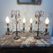 pair of chandeliers, lamp, silver-plated metal, crystal, tassels, florets, pendant, rosettes