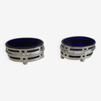 Silver metal and cobalt glass salt pots - EP St & co