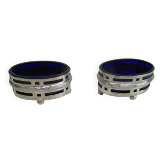 Silver metal and cobalt glass salt pots - EP St & co