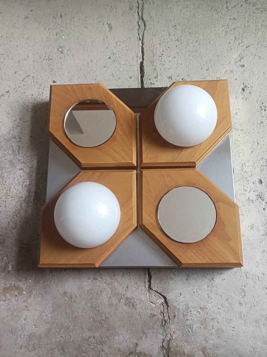 Geometric chrome and wood wall light