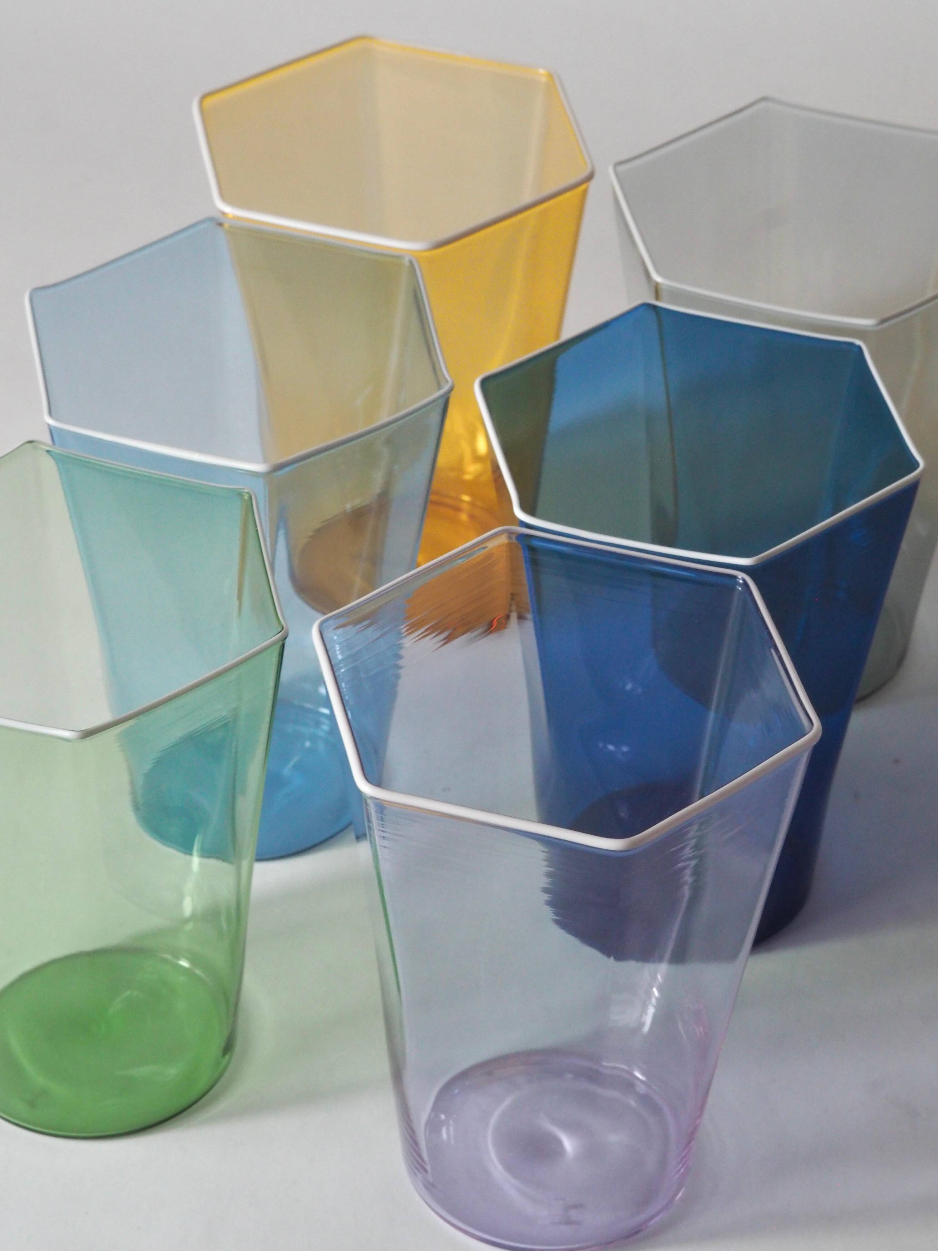 Set of six "Esagonali" glasses by Venini Murano, created by Carlo Scarpa.