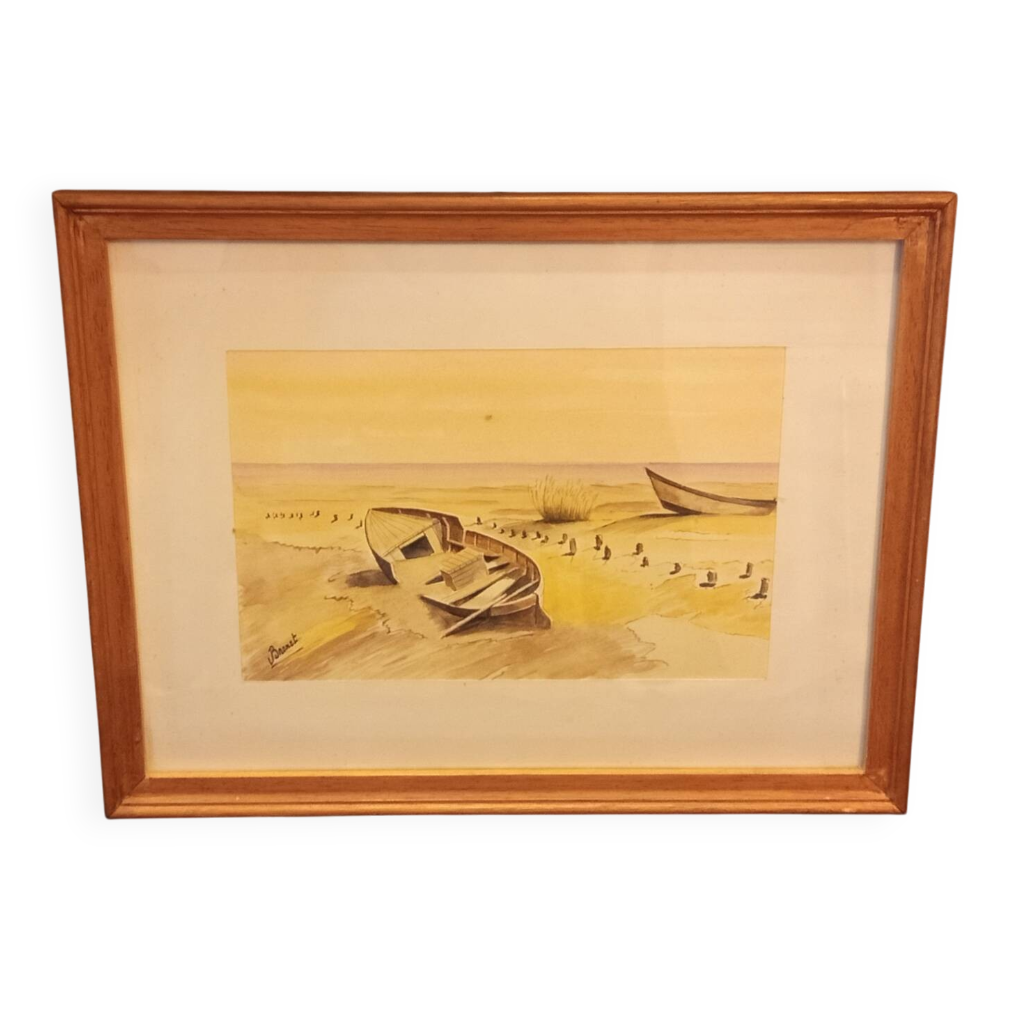 Aquarelle originale signée V. Brunet – « Bateaux sur le rivage »