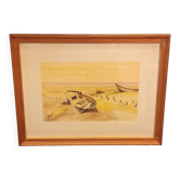 Aquarelle originale signée V. Brunet – « Bateaux sur le rivage »