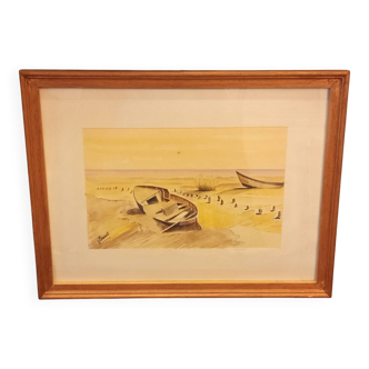 Aquarelle originale signée V. Brunet – « Bateaux sur le rivage »