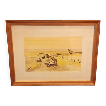 Aquarelle originale signée V. Brunet – « Bateaux sur le rivage »