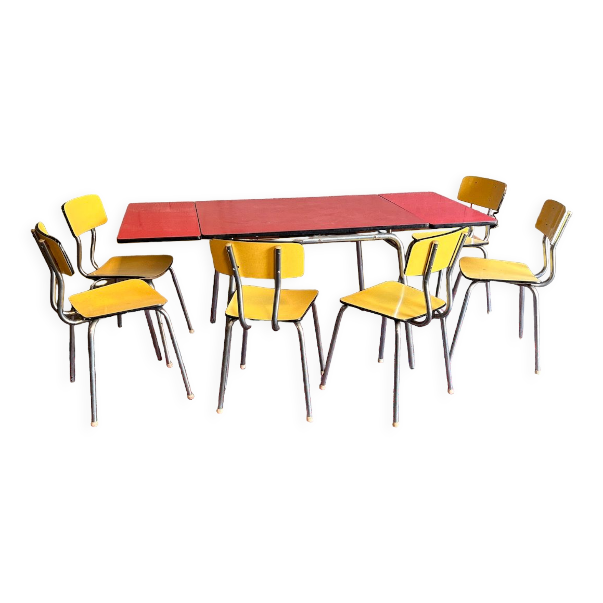 Red table set and 6 vintage yellow formica chairs