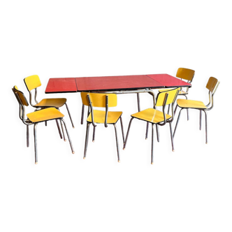 Red table set and 6 vintage yellow formica chairs
