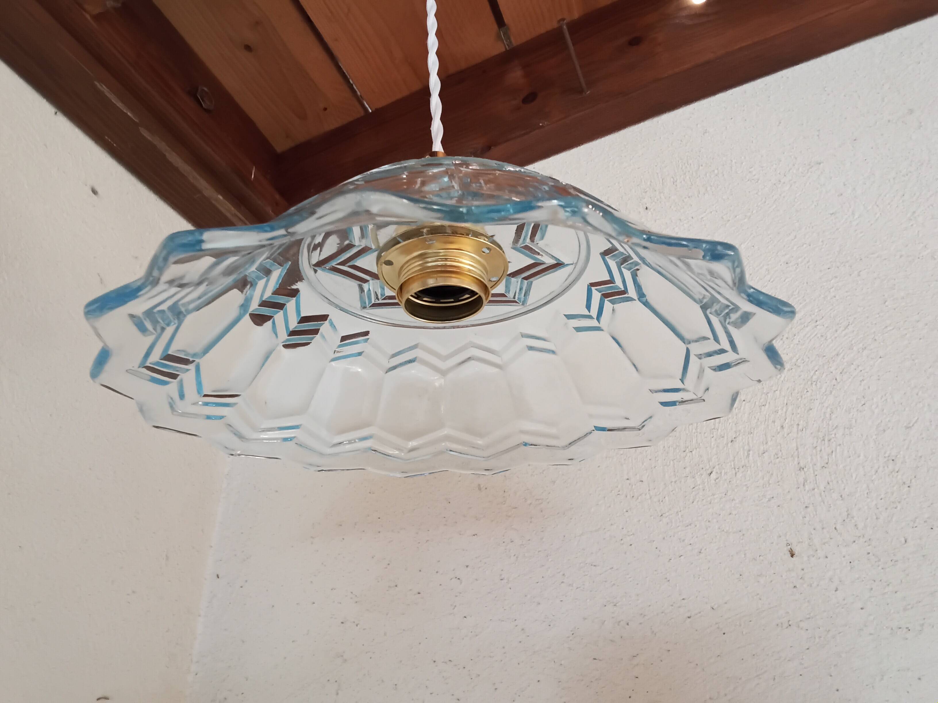 Vintage pendant light in blue chiseled glass