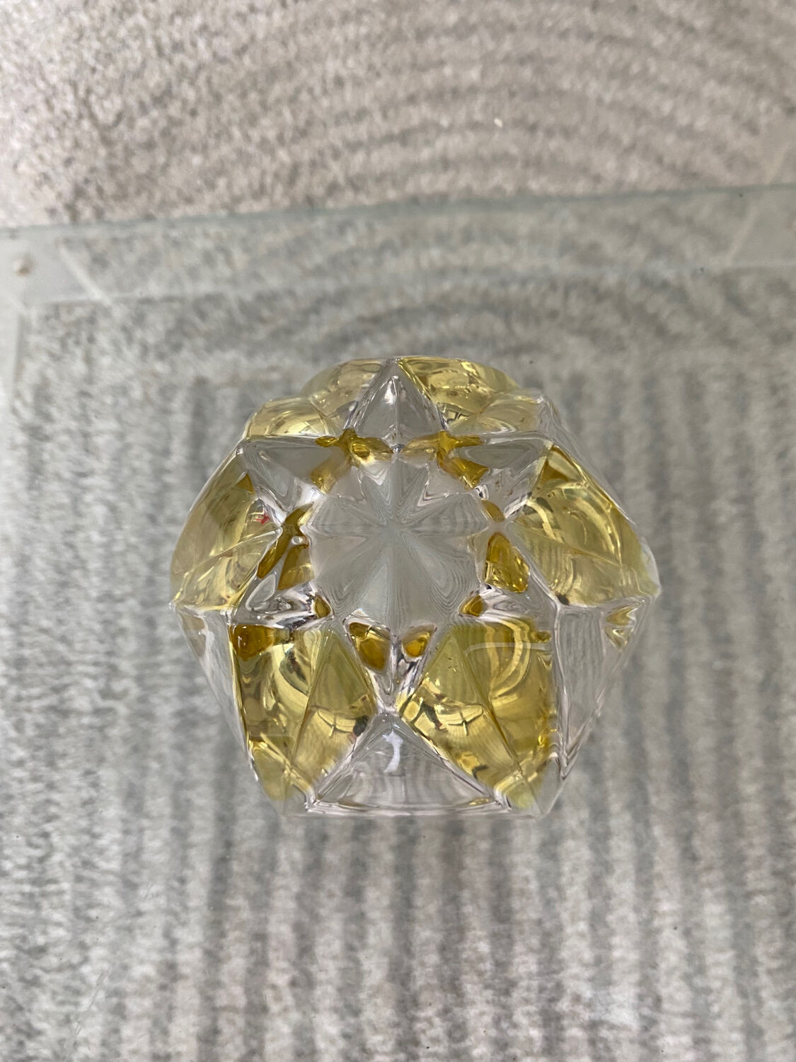 Vintage empty pocket ashtray in yellow chiseled glass or crystal