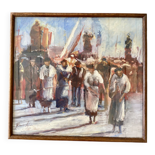 Huile sur bois mise sous verre ; Italie années 60