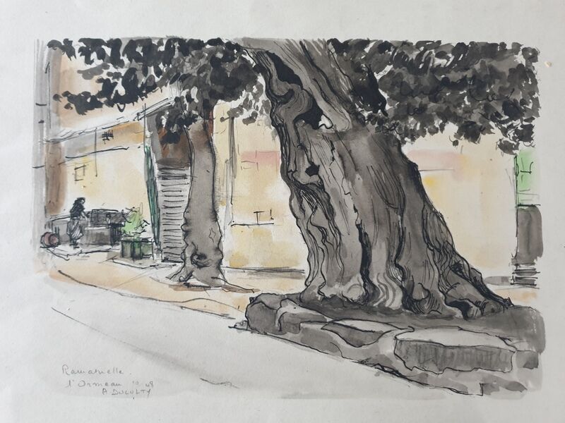 André Duculty (1912-1990) Watercolor on paper "Place de l'ormeau à Ramatuelle" Signed below