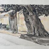 André Duculty (1912-1990) Watercolor on paper "Place de l'ormeau à Ramatuelle" Signed below