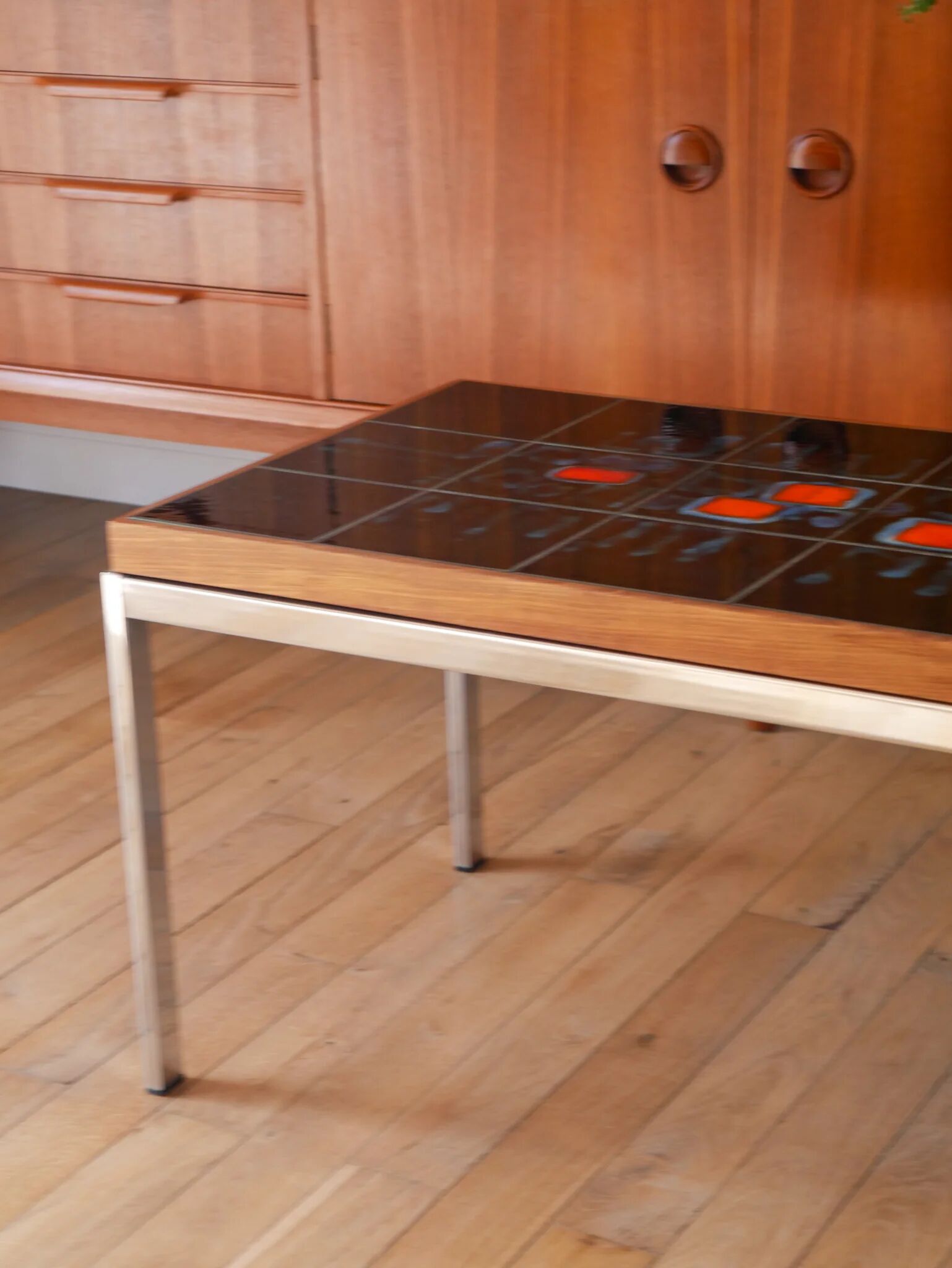 Table basse en céramique, teck & chrome, design, 1970