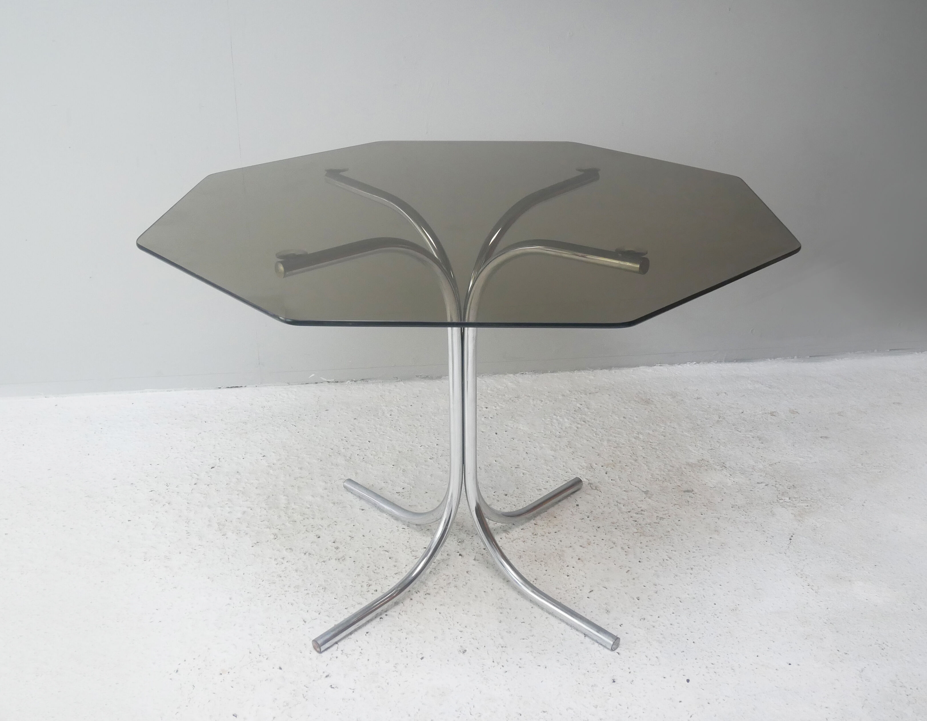 1970’s mid century glass 6 sided dining table with upholstered dining chairs