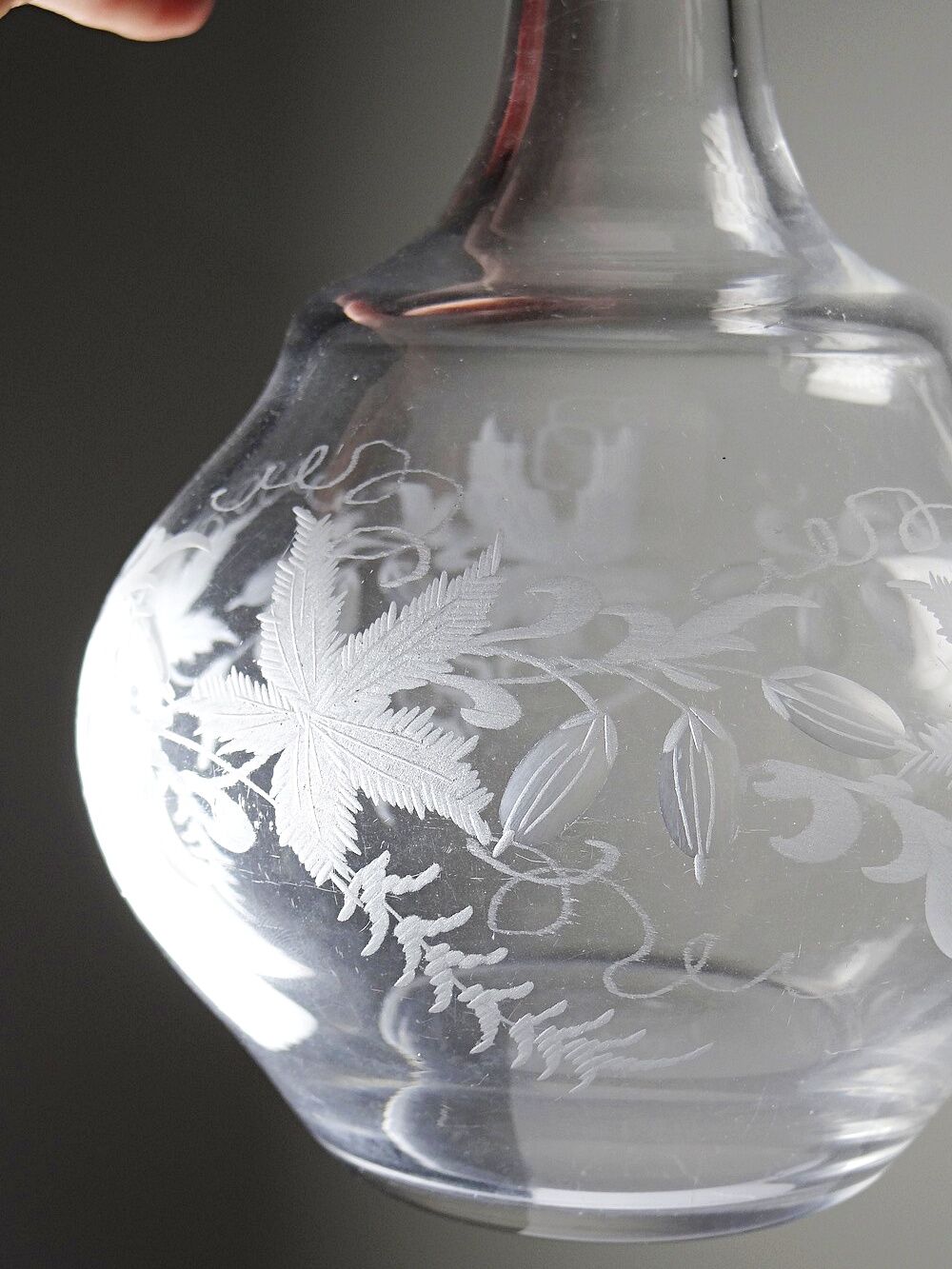 Antique engraved crystal carafe, floral decoration, Bohemia 19th-20th century.