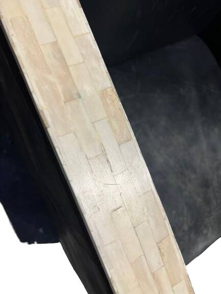 Pair of leather armchairs with marquetry armrests