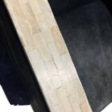 Pair of leather armchairs with marquetry armrests