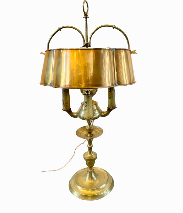 Lampe candélabre à 4 lumières tout cuivre abat -jour  quadrilobé..