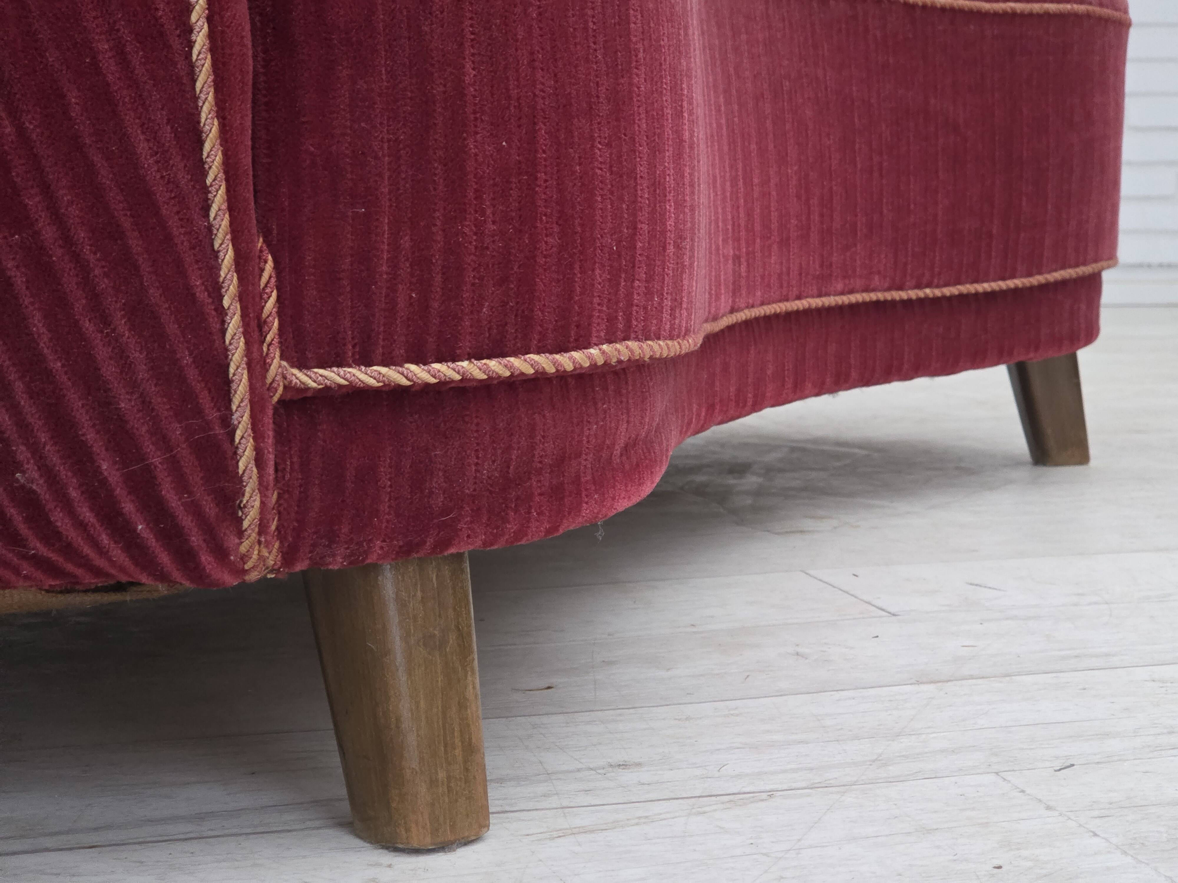 1960s, Danish 2-seater "Banana" sofa, red furniture velour, oak wood.