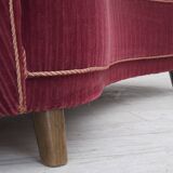 1960s, Danish 2-seater "Banana" sofa, red furniture velour, oak wood.