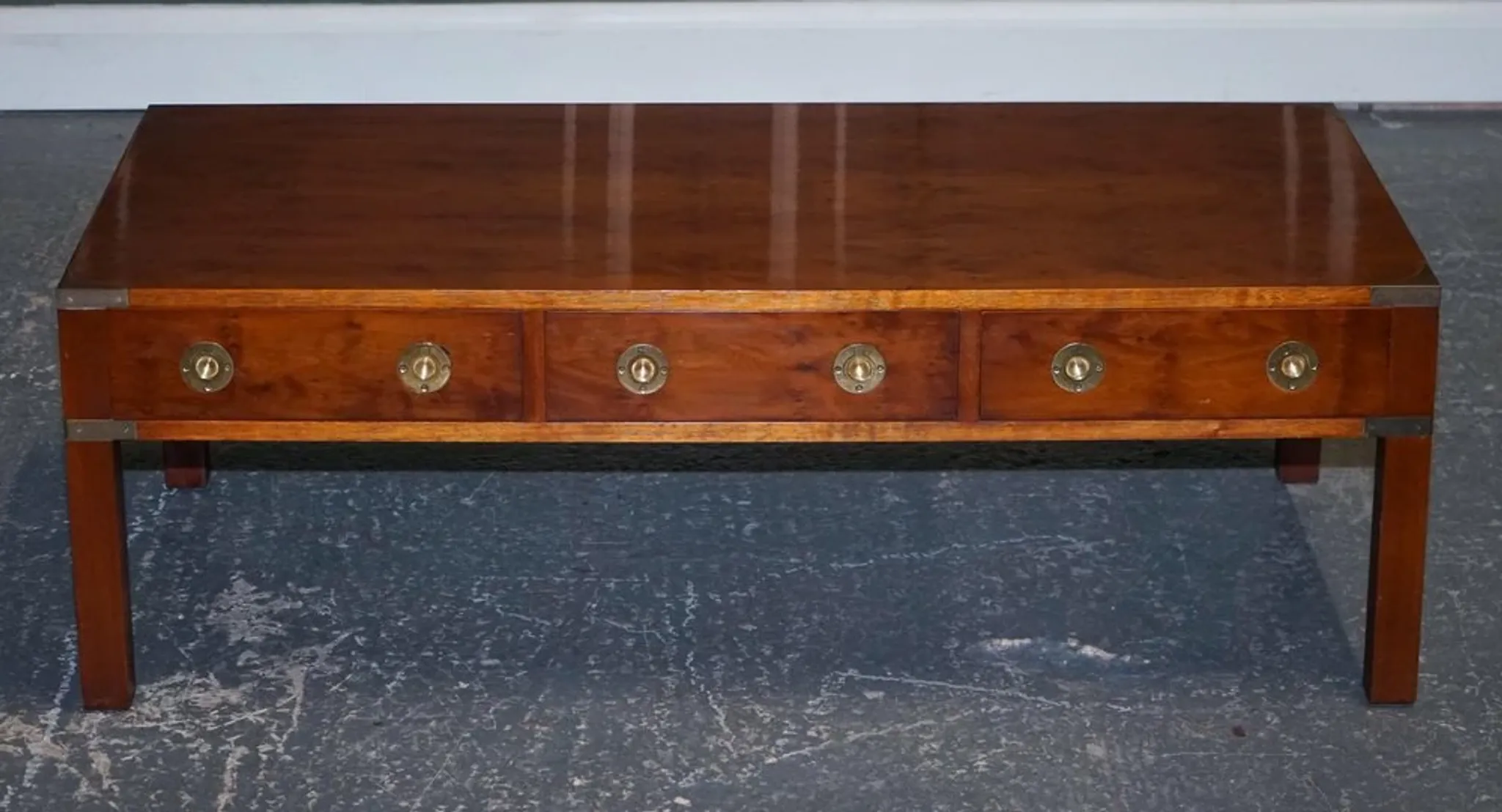 Coffee Table with 3 Drawers Military Campaign in Yew Wood, Elm and Brass, 1950s