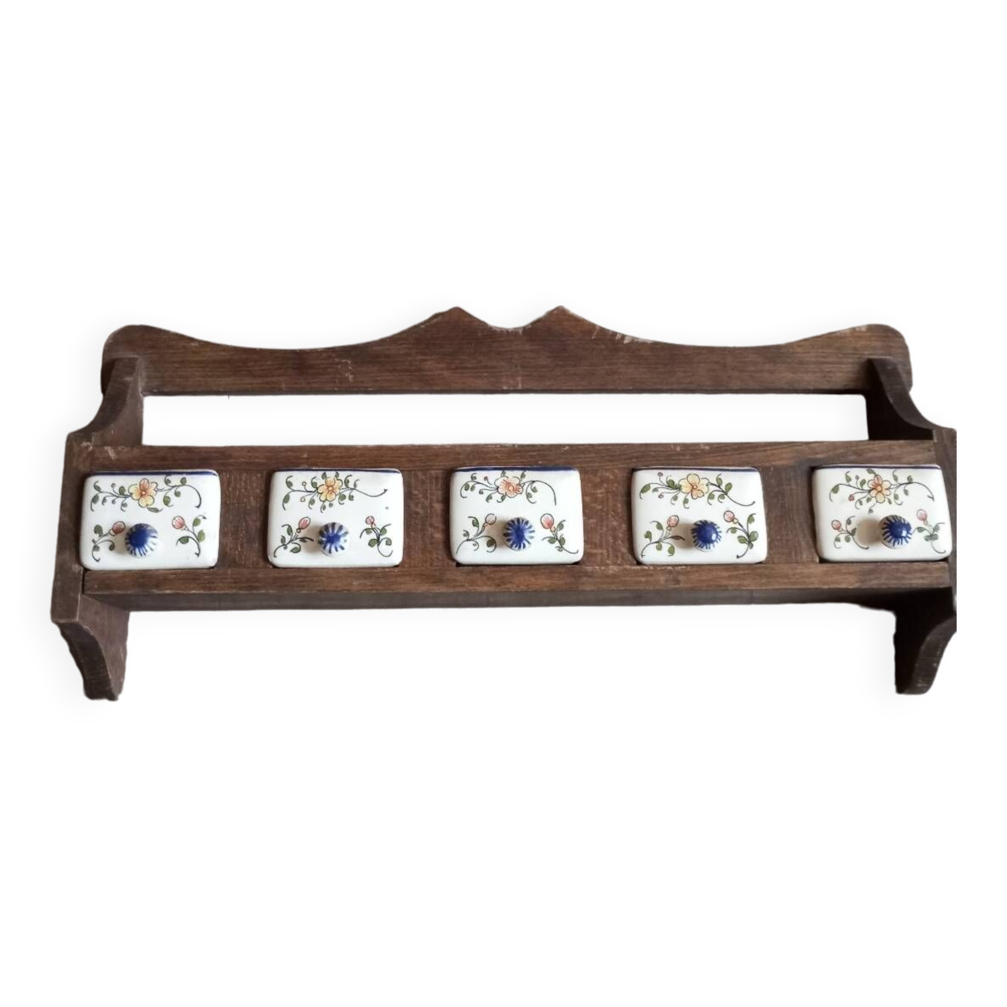 wooden shelf and desvres earthenware drawers