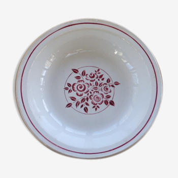 Plat creux Art deco, HBCM Montereau, France, motifs floral bordeaux au centre